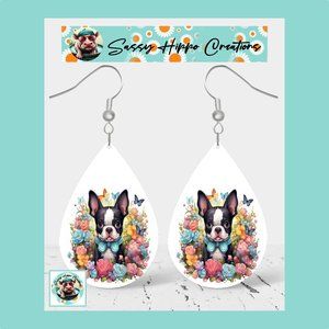 Earrings Boston Terrier Puppy Dog Butterflies Flowers Hand Sublimated Printed